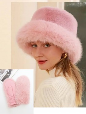 Solid Colour Fuzzy Hat with Brim and Mitten Set (HAT1338BK + GL128706LPK)
